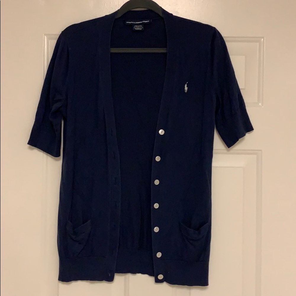 Navy cardigan. Ralph Lauren.